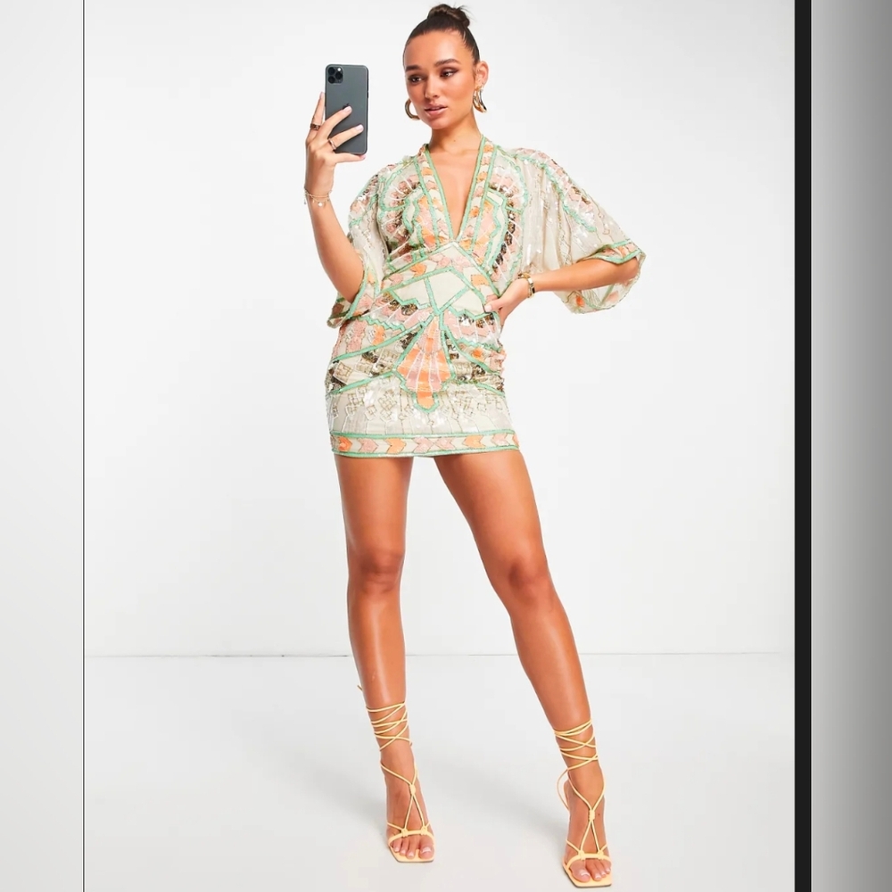 ASOS Design Embellished Kimono Mini Dress With Color Pop Sequin Details